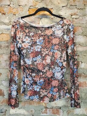 Women's Long Sleeve Top L Multicolor Floral Polyester Boat Neck Ruched